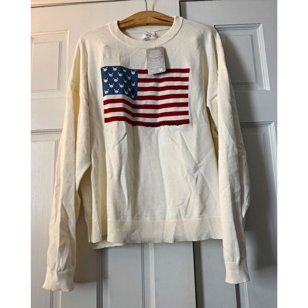 NWT Disney Parks Minnie Mouse Icon American Flag Sweater Knit Cream Women L